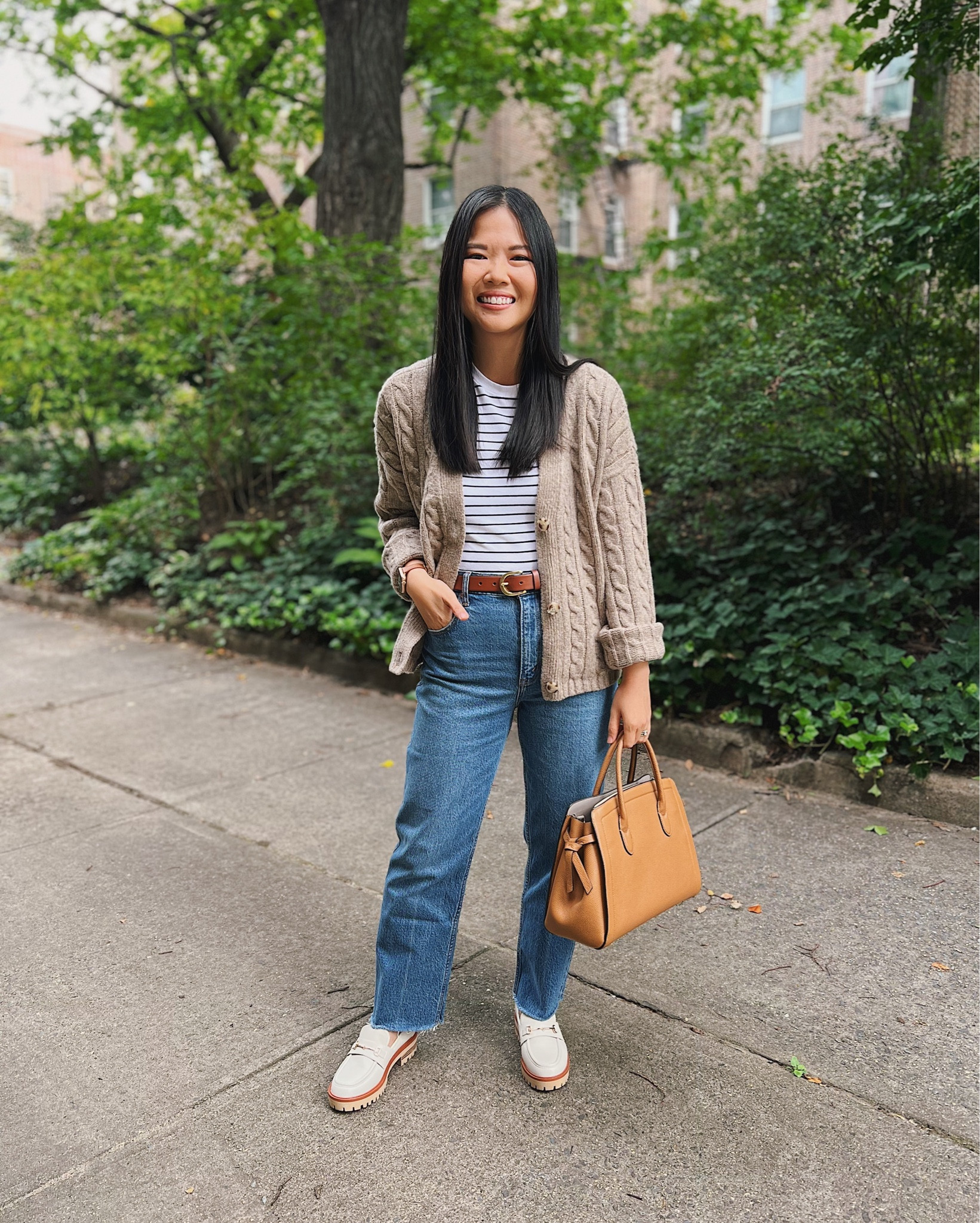 Beige cardigan (XS)
Navy and white striped T-shirt  (XS)
High waisted, straight jeans  (28XS)
Tan tote bag
White lug sole loafers (TTS)

Abercrombie outfit 
Casual fall outfit 
Casual outfit 
Mom outfit 
Teacher outfit 
Smart casual outfit
Cable knit cardigan
Striped cropped T-shirt 
High waisted jeans 
Brown belt with gold buckle 
Kate Spade bag

#LTKworkwear #LTKstyletip #LTKfindsunder100