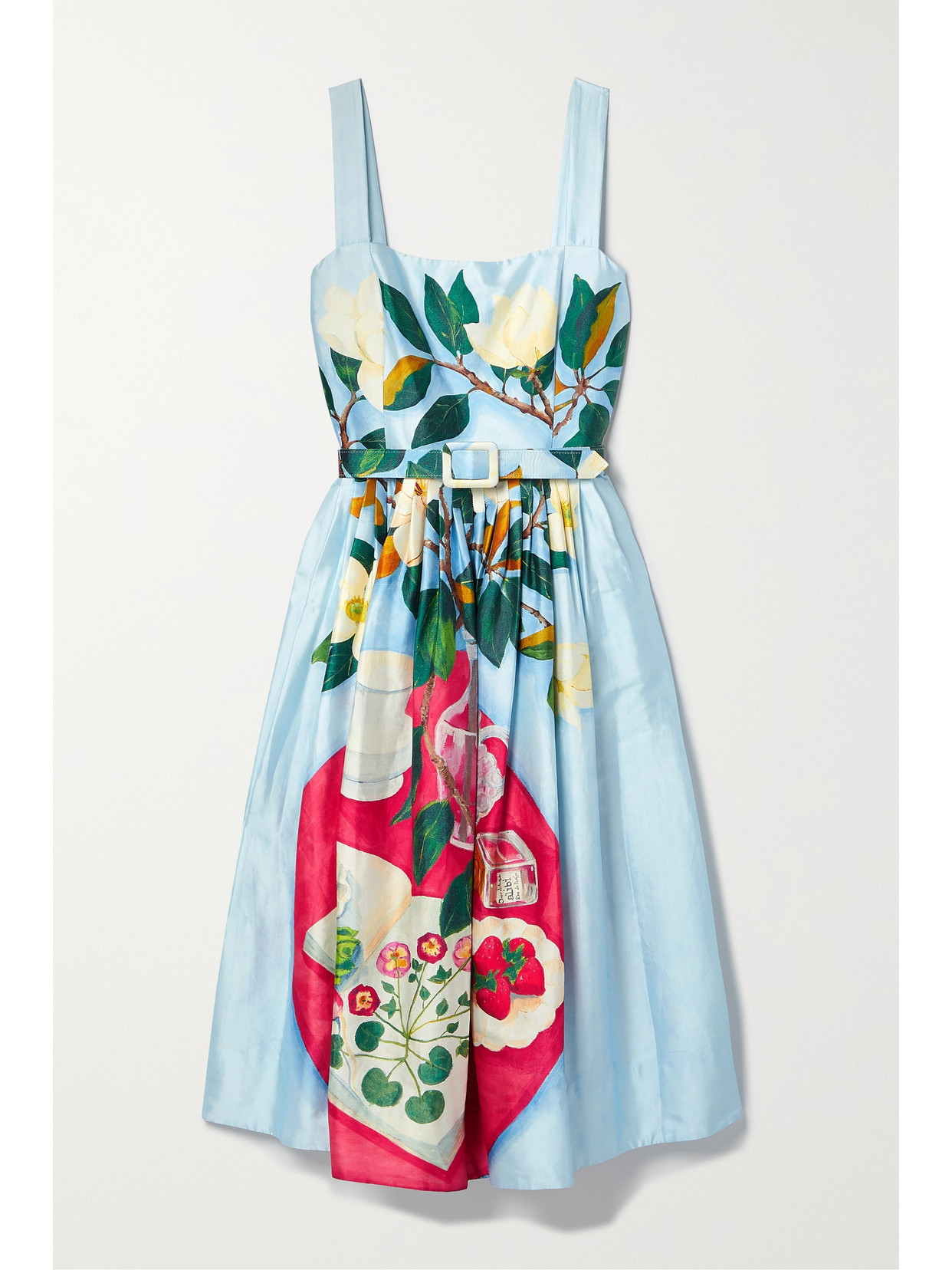 Oscar de la Renta - Belted Floral-print Mikado Dress - Blue | NET-A-PORTER (US)