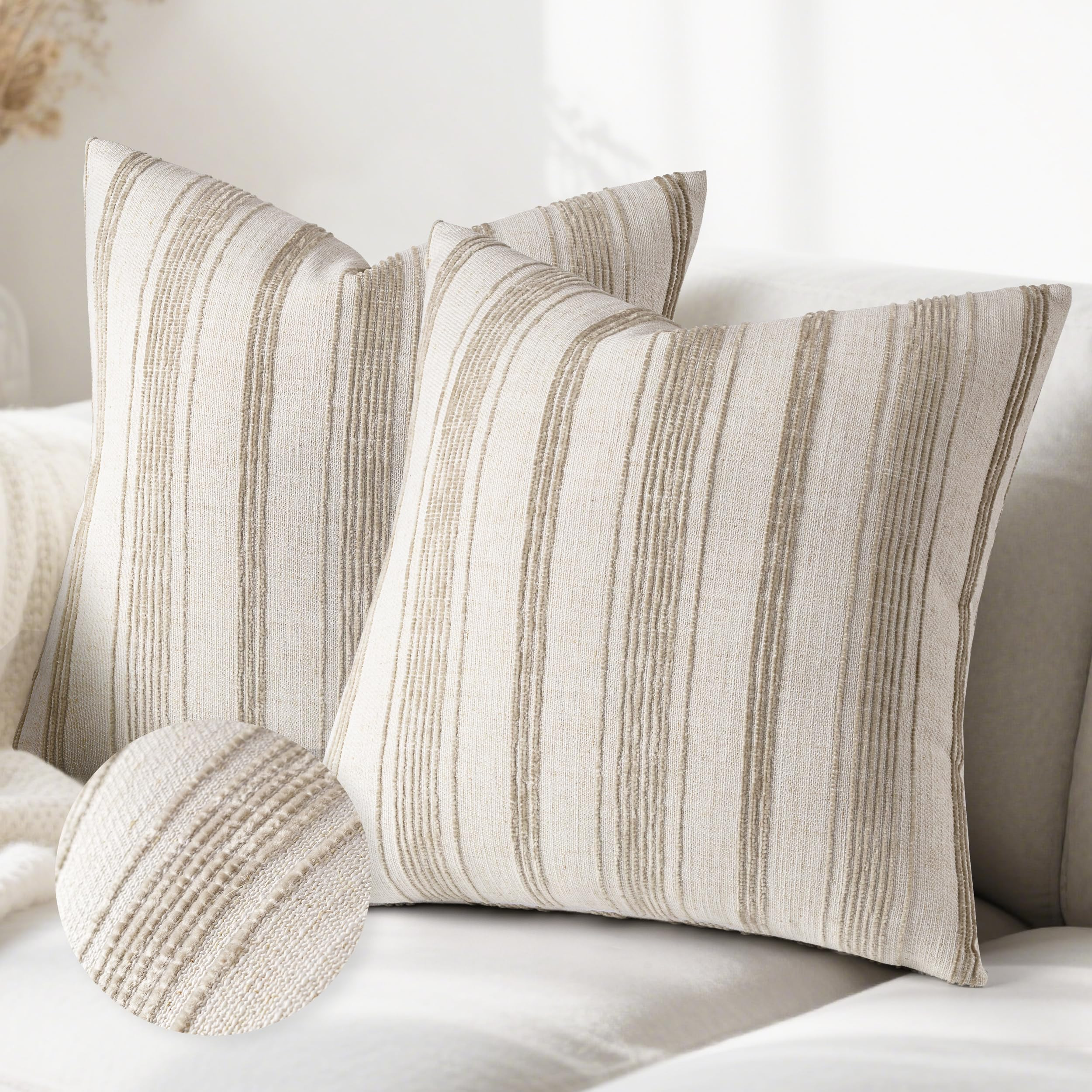 AELS 20x20 Decorative Farmhouse Linen Throw Pillow Covers, Beige with Brown Chenille Striped Pill... | Amazon (CA)