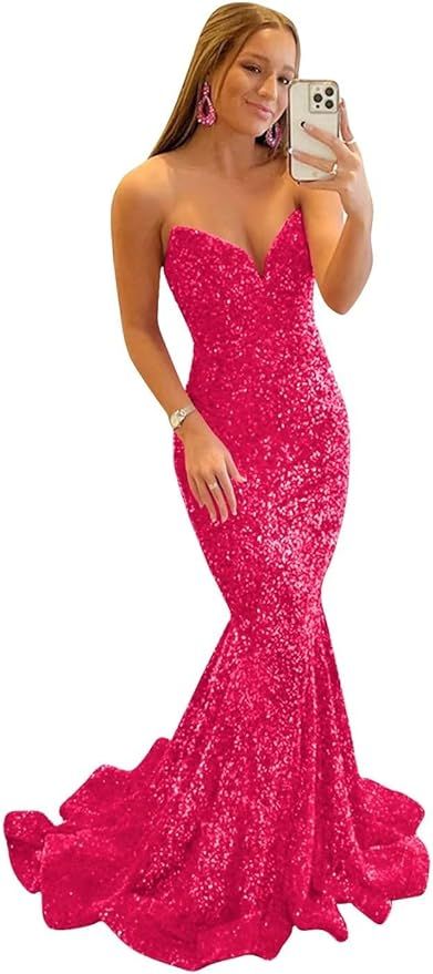 Sequin Prom Dresses 2024 Long Sparkly Mermaid Strapless V Neck Formal Evening Party Gowns Ruched ... | Amazon (US)