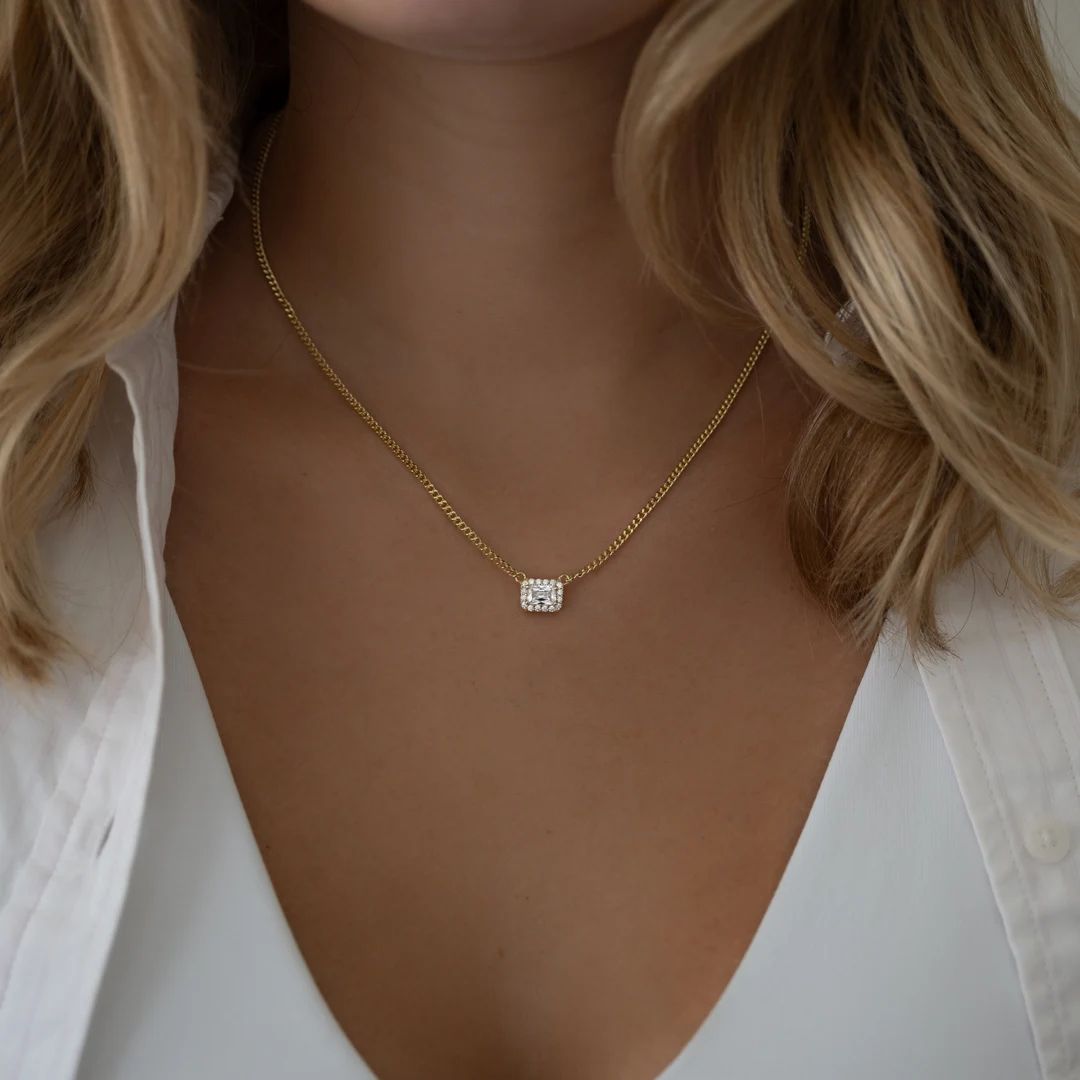 Emerald Cut Halo Diamond Necklace, Dainty Gold Necklace, Baguette Necklace, Gift for Her, Diamond... | Etsy (US)