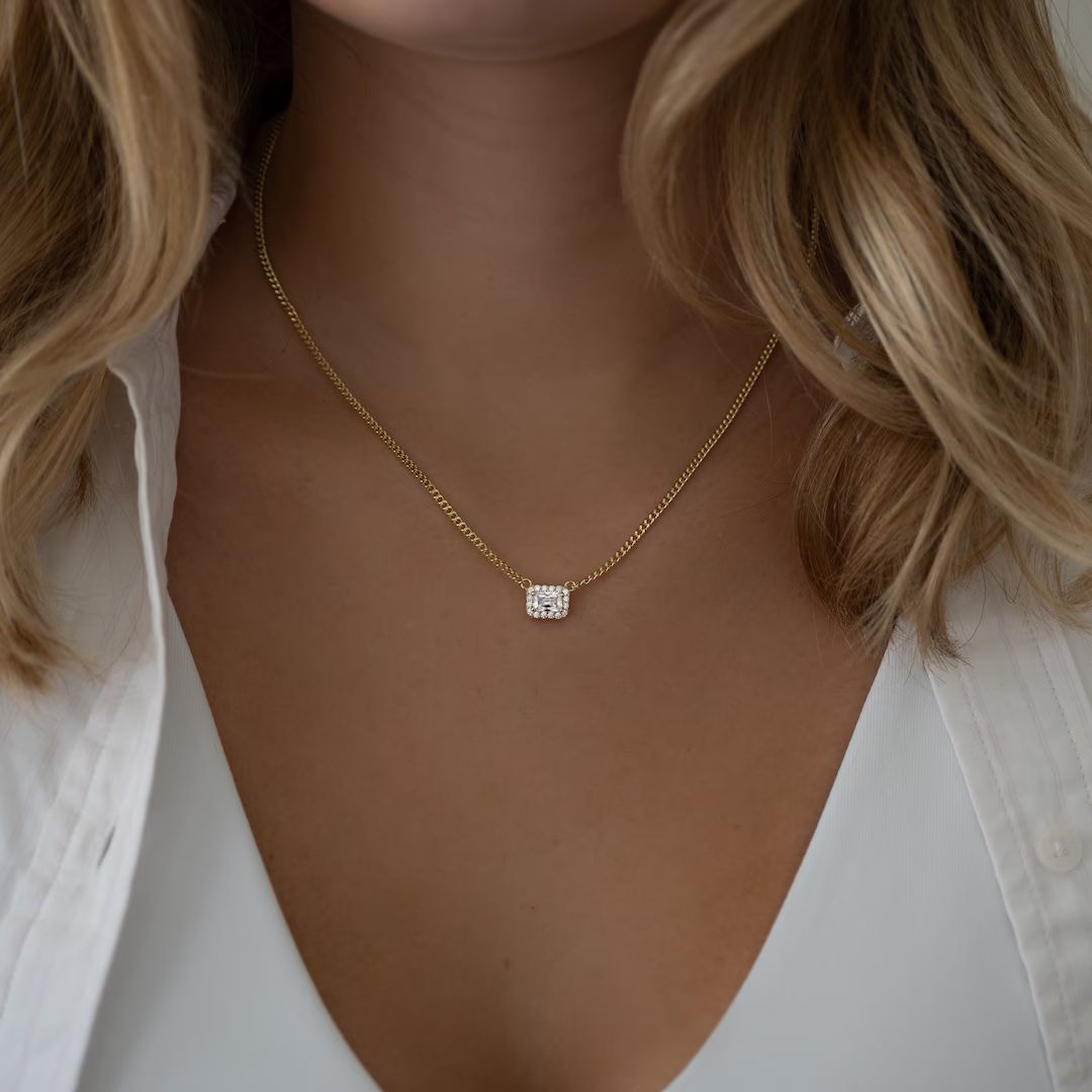 PRE ORDER Emerald Cut Halo Diamond Necklace Dainty Gold - Etsy | Etsy (US)