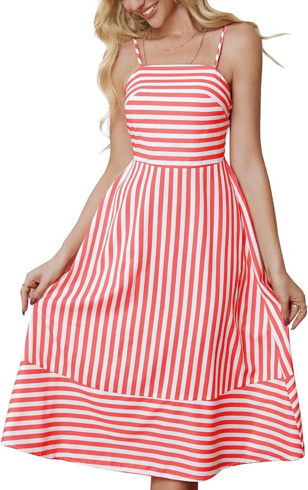 Striped Sleeveless Midi Summer Dress for Women Spaghetti Strap Backless Smocked Swing Beach Dress... | Amazon (US)