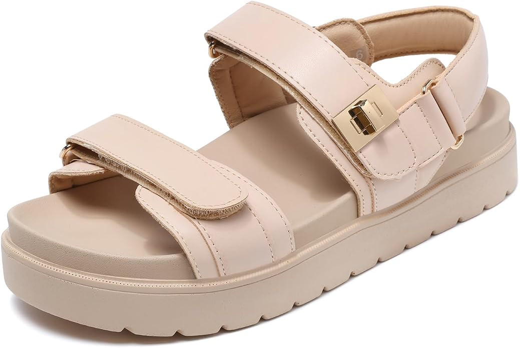 Women's Platform Sandals Slip on Comfort Adjustable Double Strap Sandal for Women Leather Footbed | Amazon (US)
