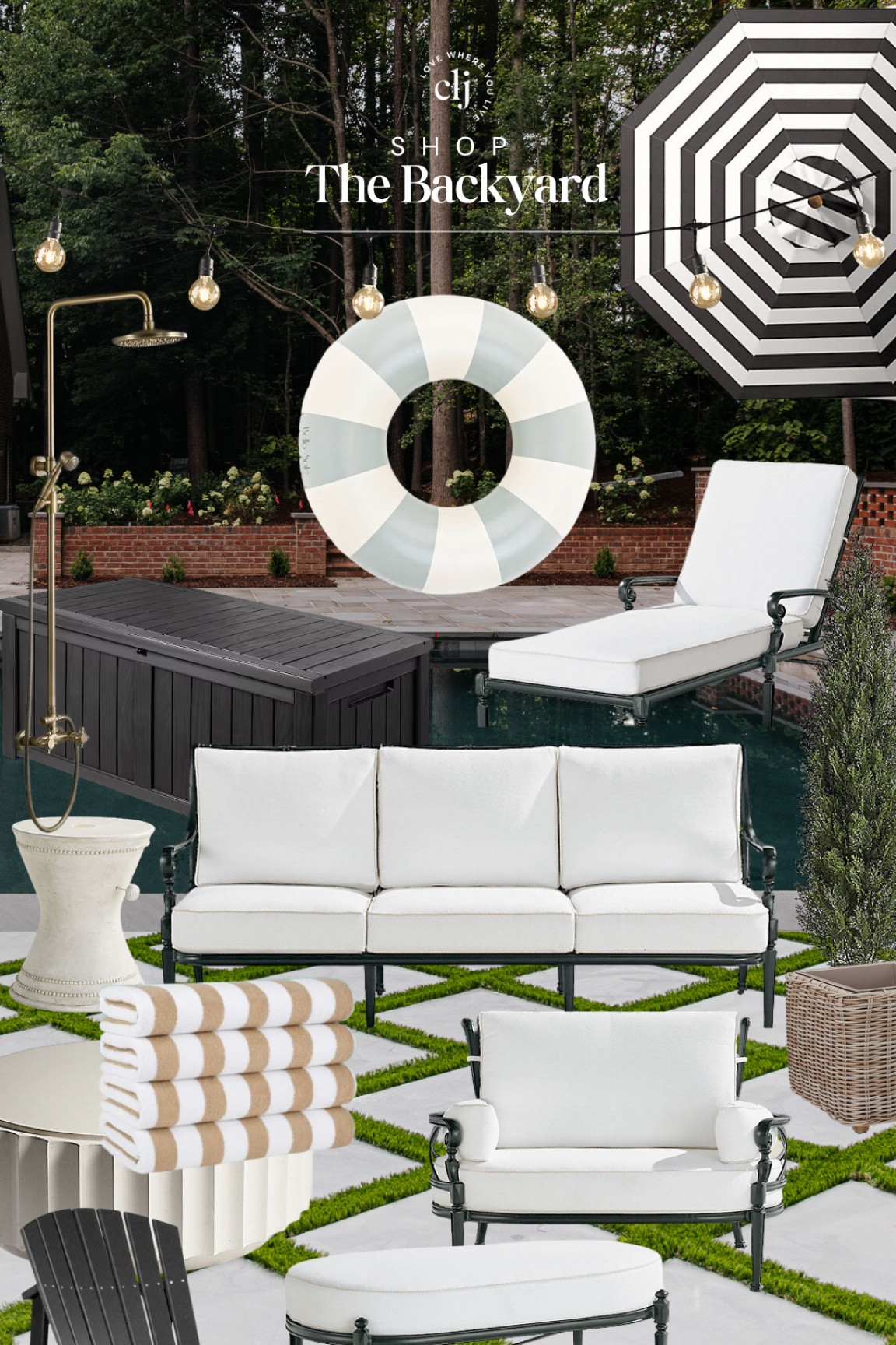 Shop The Room: The Backyard

Outdoor furniture, sofa, loveseat, chaise lounge, ottoman, coffee table, umbrella stand, striped patio umbrella, striped towels, faux cedar tree, wicker planter, striped inner tube pool float, outdoor shower, string lights, deck storage box

#LTKHome #LTKSeasonal