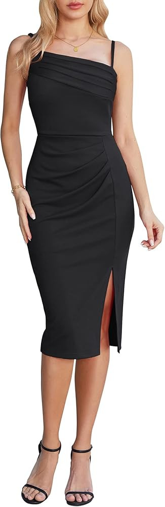 GRACE KARIN 2023 Women's Spaghetti Straps Wedding Guest Dresses Split Hem Ruched Bodycon Dress | Amazon (US)