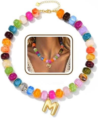 Initial Chunky Beaded Necklaces for Women Non Tarnish Colorful Beaded Bubble Letter Choker Boho S... | Amazon (US)