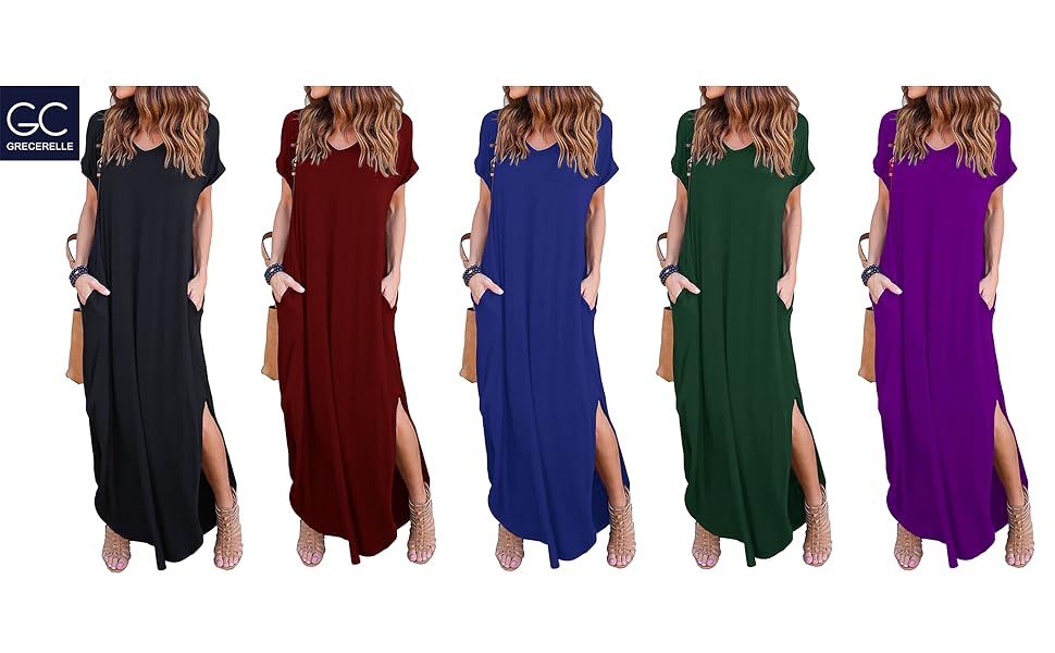 GRECERELLE Women's Casual Loose Pocket Long Dress Short Sleeve Split Maxi Dresses | Amazon (US)