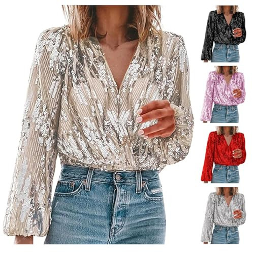 Sparkle Shirts for Women, New Years Eve Shirt Sequin V Neck Long Sleeve Glitter Tops Elegant Holiday Party Top Sequin Tops for Women Party Night Womens Sparkly Tops Sequin Shirts for Women Gold | Amazon (US)