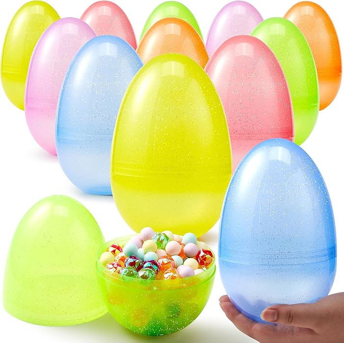 JOYIN 12 Pcs 7" Jumbo Plastic Easter Eggs, Clear 6 Assorted Colors Glitter Empty Eggs for Filling... | Amazon (US)