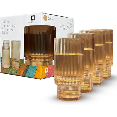 Ribbed Drinking Glasses -15 oz Glass Tumblers for Water, Iced Coffee, and Cocktails | Modern Textured Glassware for Kitchen & Dining | Set Of 4 | Target