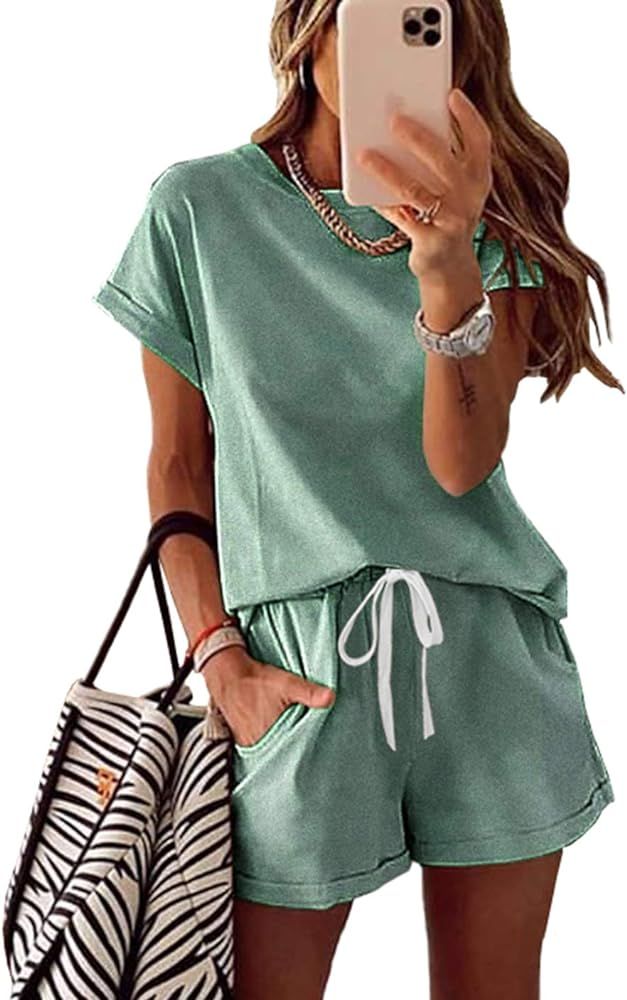 KIRUNDO Women’s Pajamas Summer Short Sleeve Crew Neck 2 Piece Outfit Tracksuits Loungewear Pjs ... | Amazon (US)