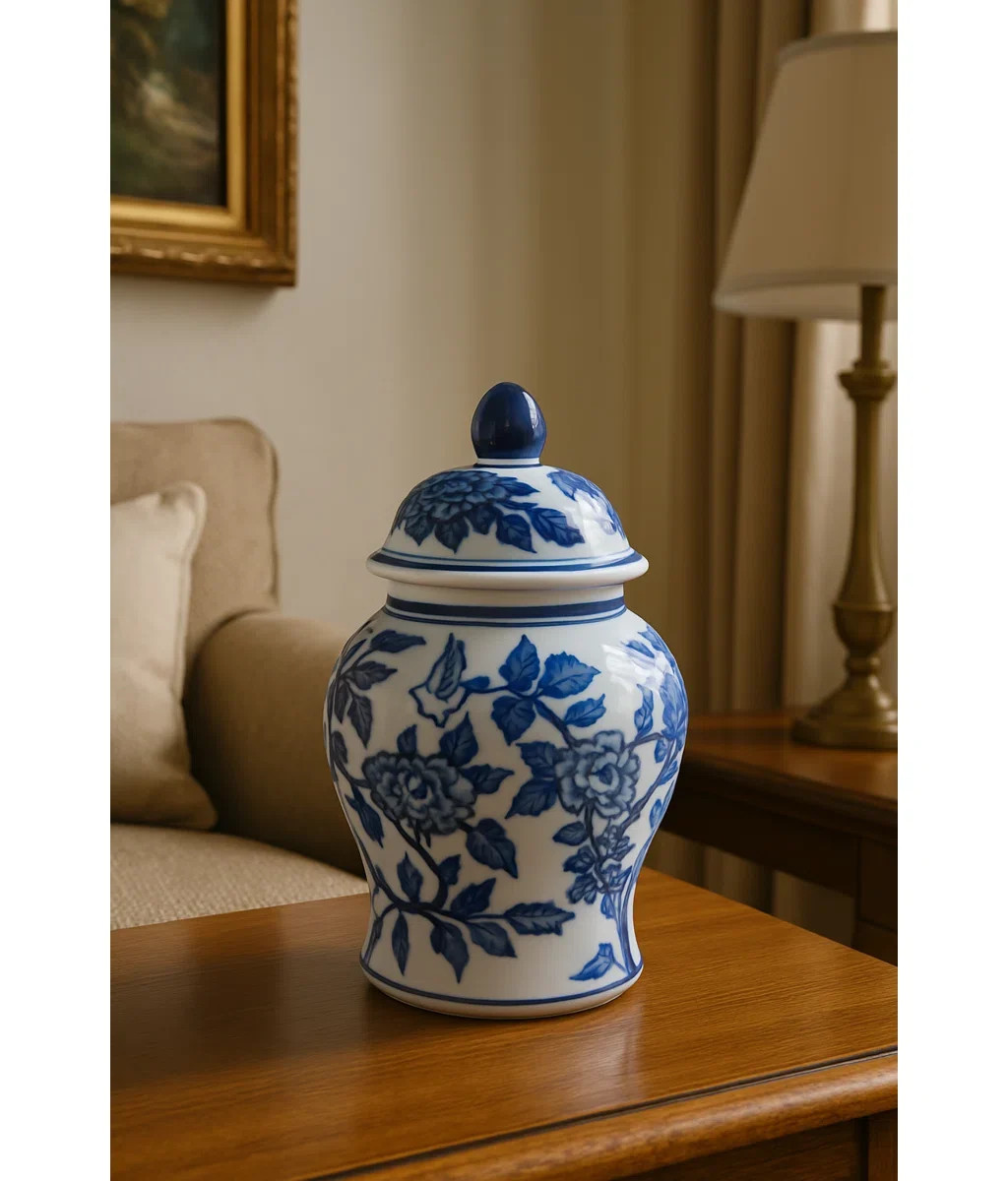 Birdye Chinoiserie Blue & White Ceramic Lidded Jar | Wayfair North America