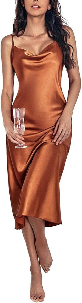 Ekouaer Women's Nightgown Satin Spagetti Strap Cowl Neck Elegant Slip Sleep Dress Silk Cami Night... | Amazon (US)