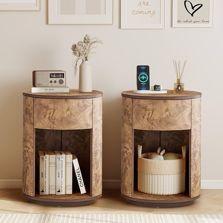 Side Table with Drawer, Round Bedside Table with Open Shelf, Farmhouse Burl Wood Nightstand Accen... | Amazon (US)