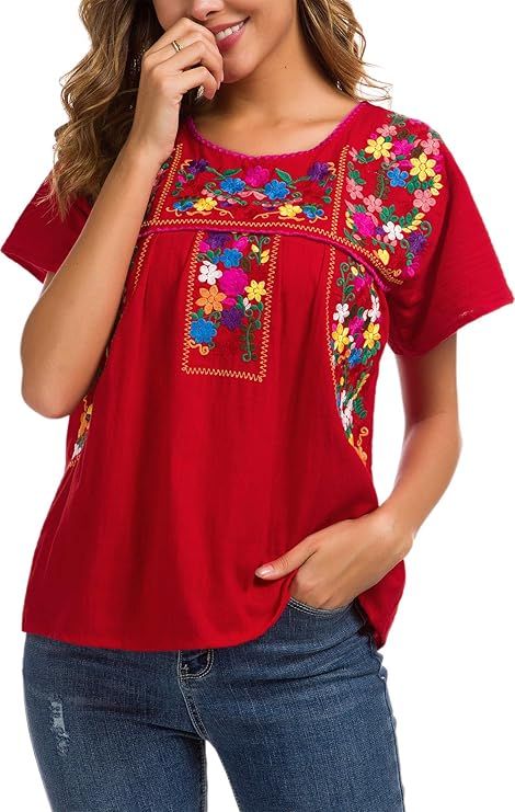 YZXDORWJ Women's Summer Casual Embroidered Blouse Short Sleeve Tops | Amazon (US)
