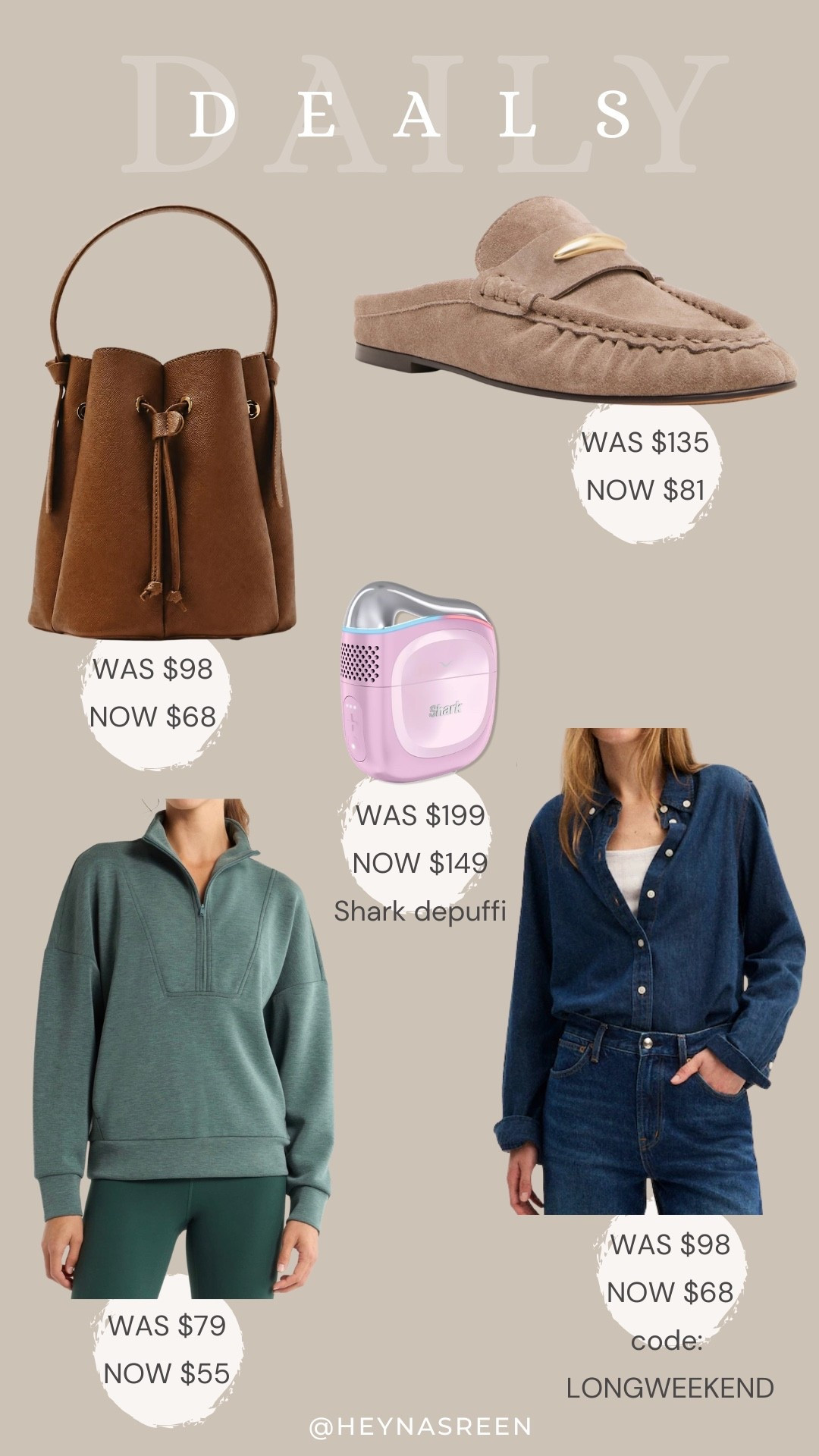 Daily deals on Anthropologie bag, Steve Madden mules, Shark depuffi device, Madewell denim shirt, Zella pullover
