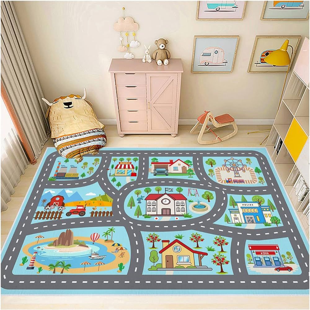 Kids Rug Car Rugs Play Mat Carpet for Kids Toy Cars for Playroom Classroom Kids Room, Educational... | Amazon (US)