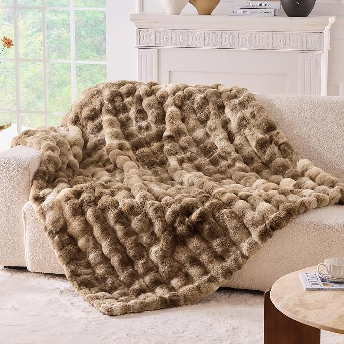 Fluffy Faux Fur Throw Blanket for Couch - Soft, Plush, Thick, Cozy, Fuzzy Luxury Minky Bubble Bla... | Amazon (US)
