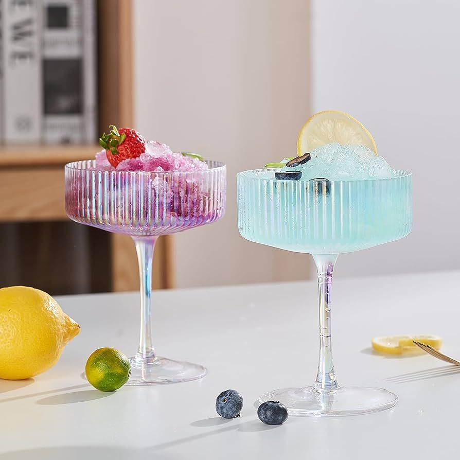 whatAmug Set of 2 Iridescent Champagne Coupe Glasses, Rainbow Ribbed Glass Set Gifts, Colorful Co... | Amazon (US)
