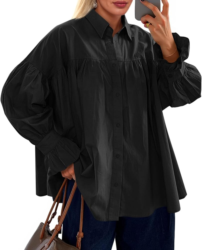 Cicy Bell Womens Oversized Button Down Shirts Long Ruffle Sleeve Pleated Babydoll Blouses Trendy ... | Amazon (US)