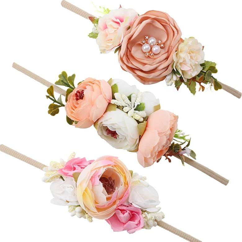 Baby Girl Floral Headbands Set - 3pcs Flower Crown Newborn Toddler Hair Accessories by mligril | Amazon (US)