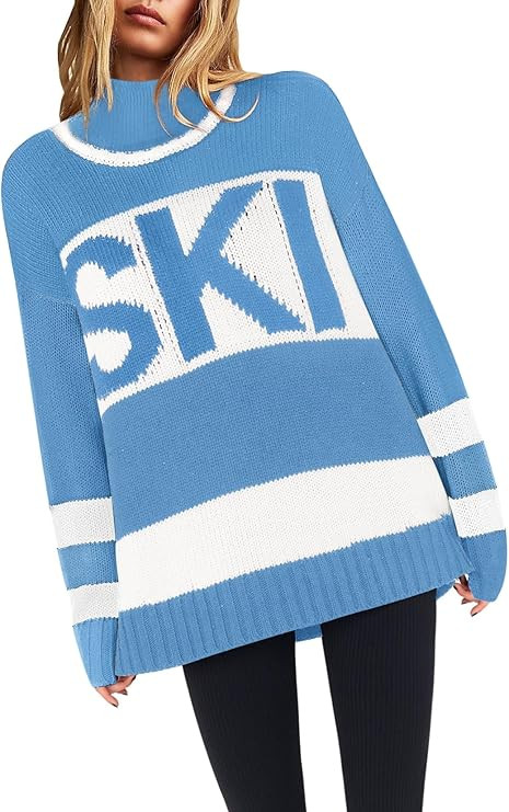 Yousify Womens Sweaters Fall 2024 Oversized Color Block Ski Sweater Crewneck Winter Tops S-2XL | Amazon (US)