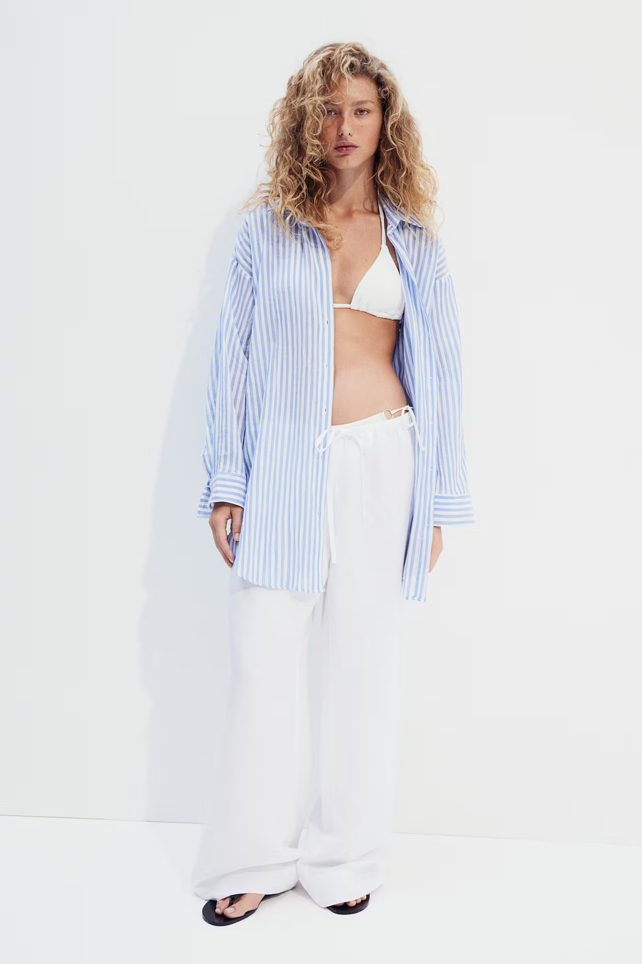 Cotton Beach Shirt - Long sleeve - Long - Blue/striped - Ladies | H&M US | H&M (US + CA)