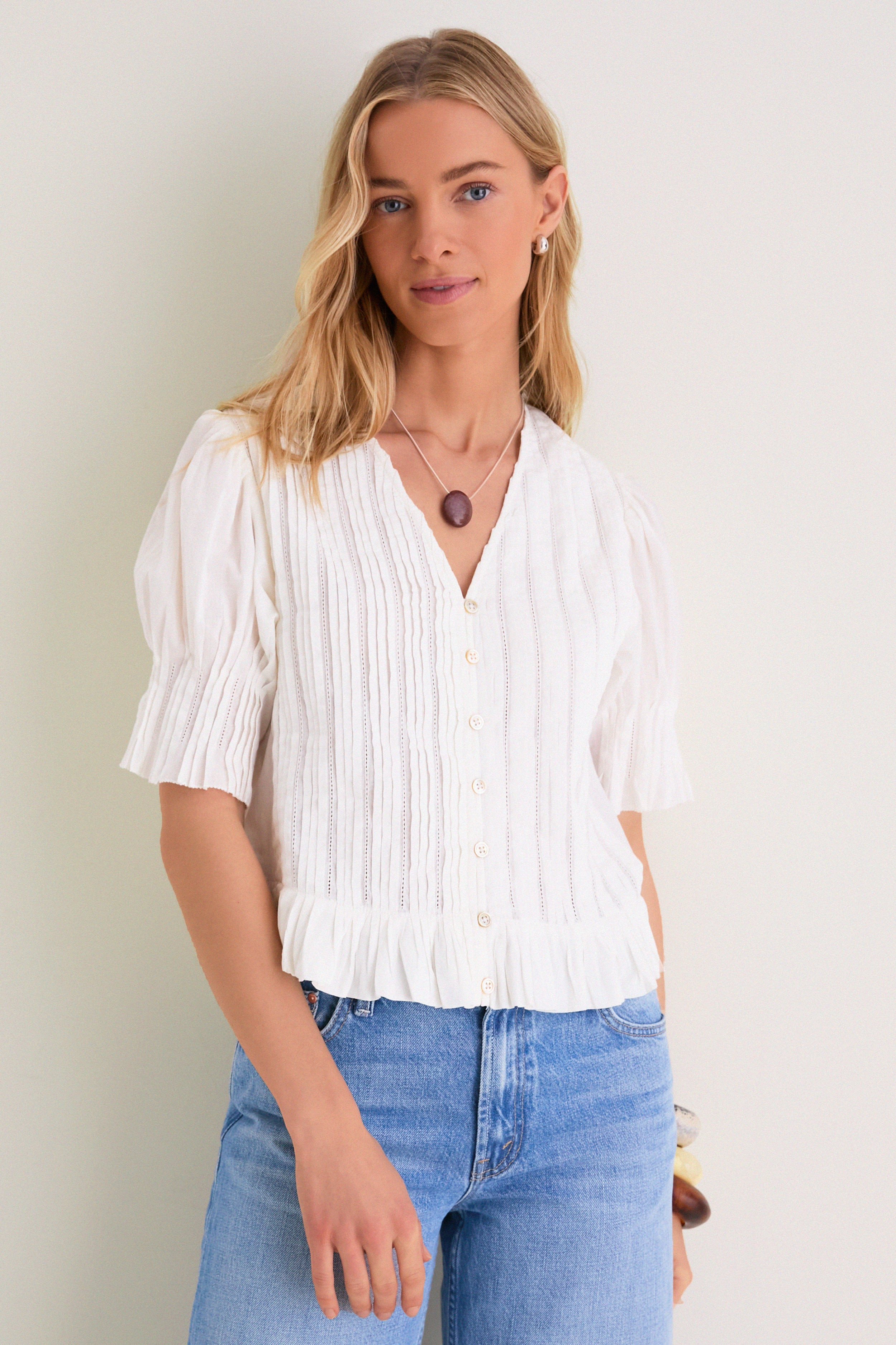 White Alberte Solid Bubble Sleeve Blouse | Tuckernuck (US)