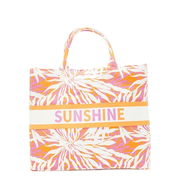 No Boundaries Women's Sunshine Canvas Print Beach Tote Handbag, Orange/Pink | Walmart (US)