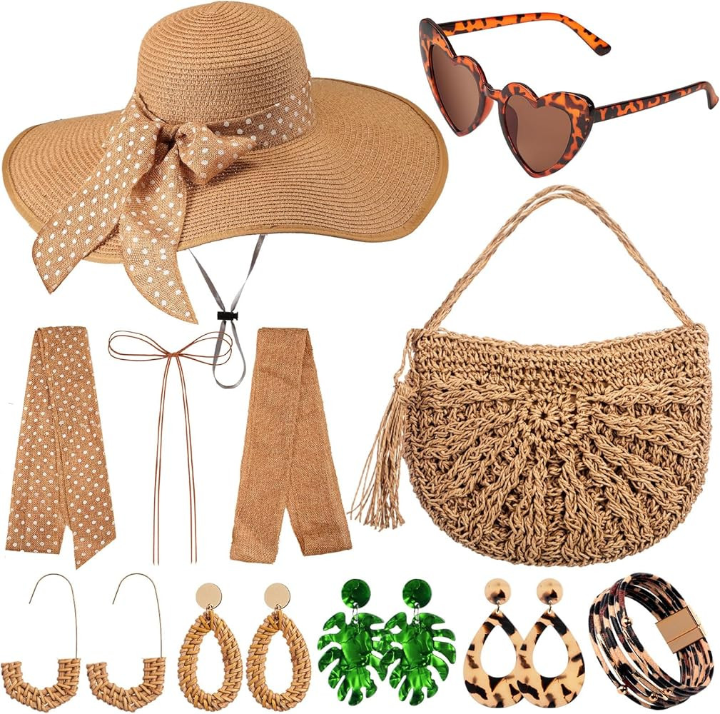 Sintuff 15 Pcs Summer Beach Women Wide Brim Sun Hat Straw Shoulder Bag with Tropical Beach Sungla... | Amazon (US)