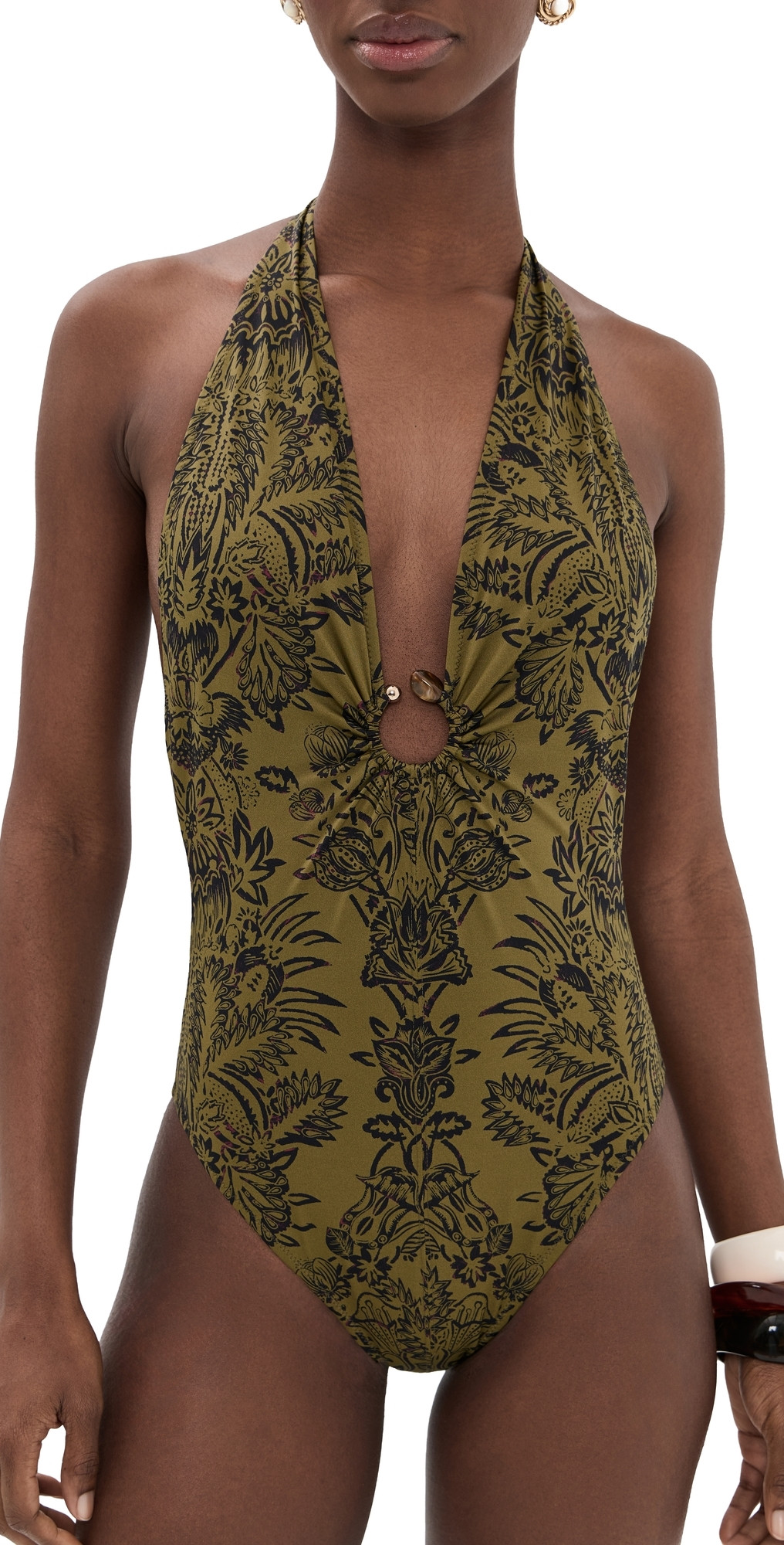 Ulla Johnson Milos Halter Maillot Swimsuit OLIVE FLORA S | Shopbop