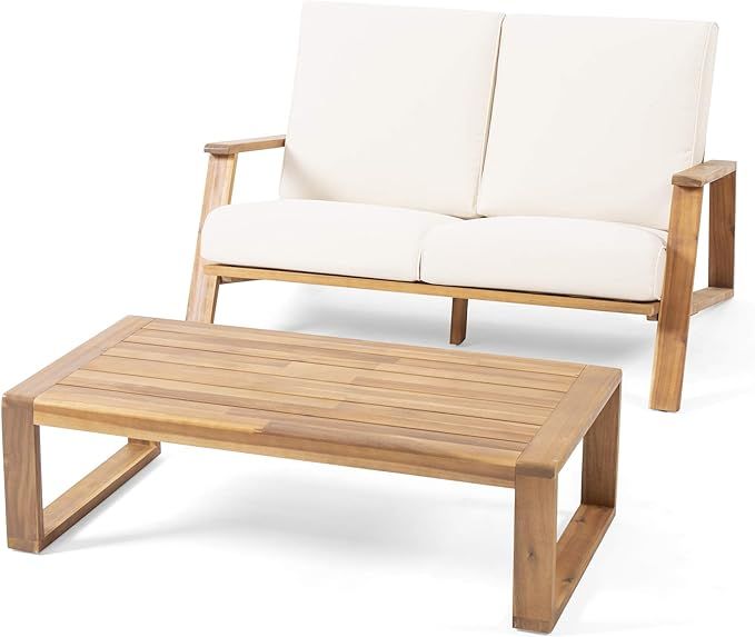 Christopher Knight Home 312484 Eartha Outdoor Loveseat Set with Coffee Table, Teak Finish, Beige | Amazon (US)
