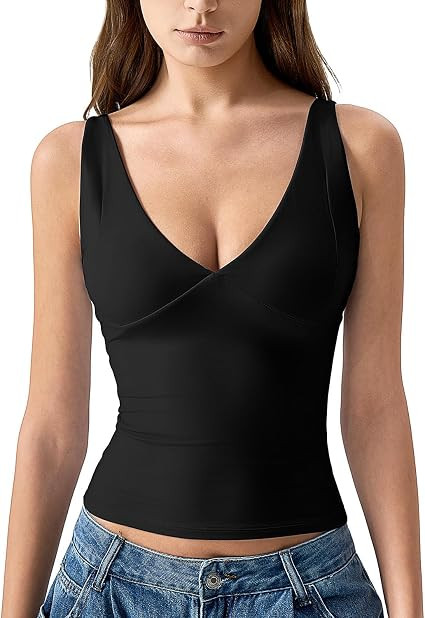 QINSEN Womens Double Lined Tank Tops Sexy V Neck Seamed Cup Adjustable Spaghetti Straps Camisole ... | Amazon (US)
