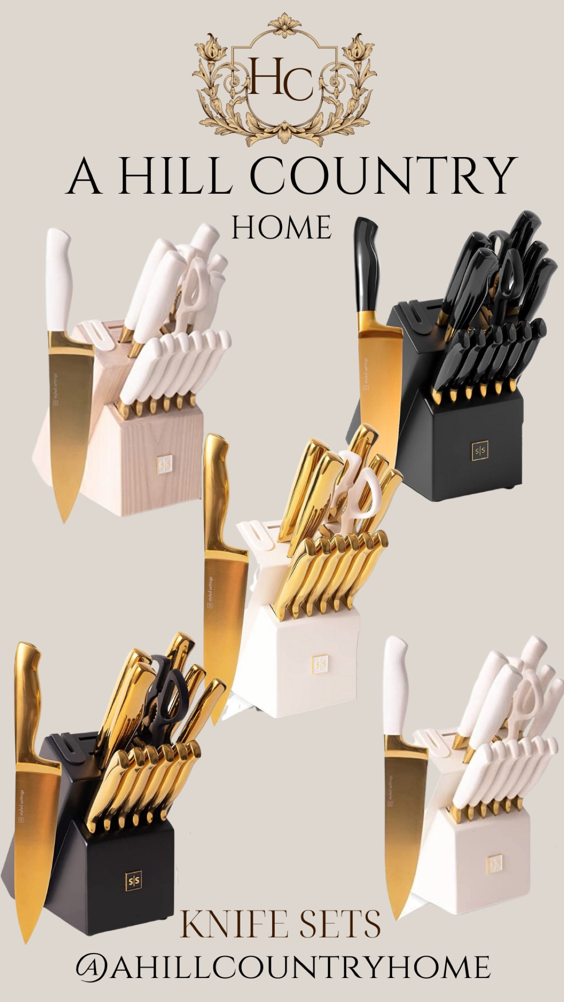 Black and Gold Knife Set with Sharpener- 14 PC Gold Knife Set with Block  and Sharpener Includes Full Tang Black and Gold Knives & Self Sharpening