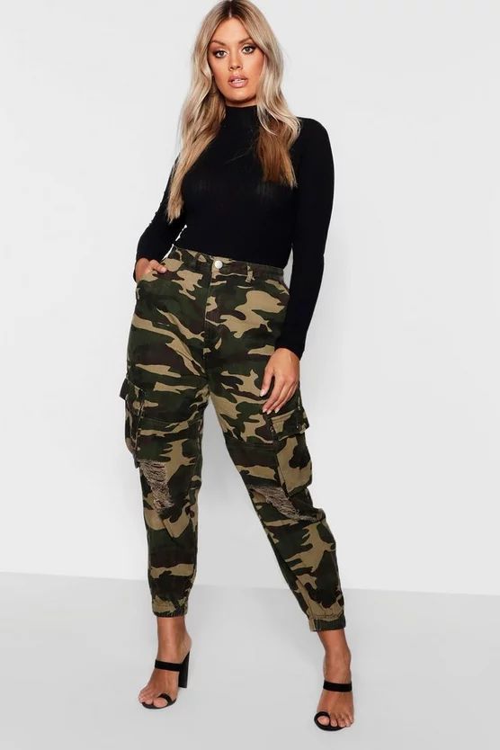 Plus Ripped Pocket Denim Camo Cargo Jeans | Boohoo.com (US & CA)