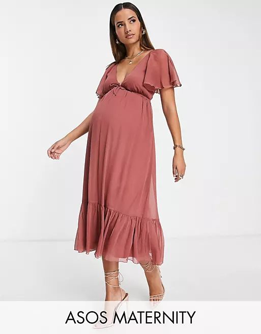 ASOS DESIGN Maternity soft tiered midi dress with tie front in rose | ASOS (Global)