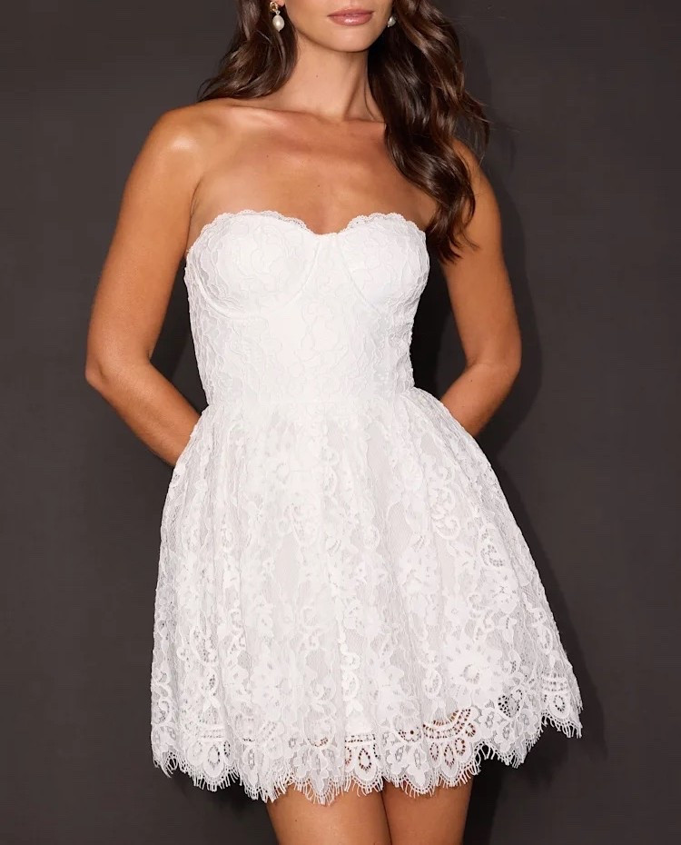The Maisie White Lace Bustier Skater Mini Dress combines delicate lace with a structured bustier bodice and playful skater silhouette. Feminine and effortlessly charming, it’s perfect for bridal events, summer celebrations, date nights, and elegant daytime occasions. Under $100.

Ideas:

* white lace dress
* romantic fashion
* bridal shower outfit
* summer occasion style
* feminine wardrobe

Keywords:

* white lace dress
* lace mini dress
* white mini dress
* summer mini dress
* bridal shower dress
* engagement party dress
* bachelorette dress
* wedding weekend outfit
* date night dress
* summer occasion dress
* romantic dress
* feminine dress
* bustier dress
* skater dress
* special occasion dress

#LTKTravel #LTKWedding #LTKSeasonal