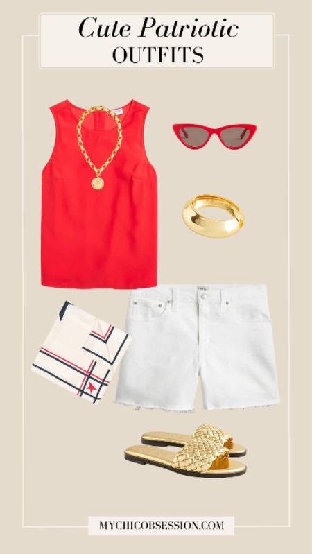 Who knew a patriotic palette could be so chic? A vibrant red tank paired with white shorts is a combination that effortlessly channels the spirit of Memorial Day (or the Fourth of July) while promising cool comfort under the summer sun.

Accentuate this bold base with a red, white, and blue star print scarf. Gold sandals, a bangle, a chunky gold necklace and red cat eye sunglasses complete the look.

#LTKStyleTip #LTKSeasonal