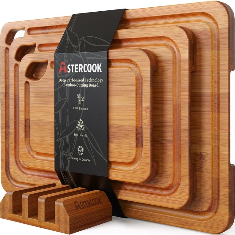 Astercook 4-Pieces Wood Cutting Board, Bamboo Chopping Board for Kitchen with Holder, Cutting Boa... | Walmart (US)
