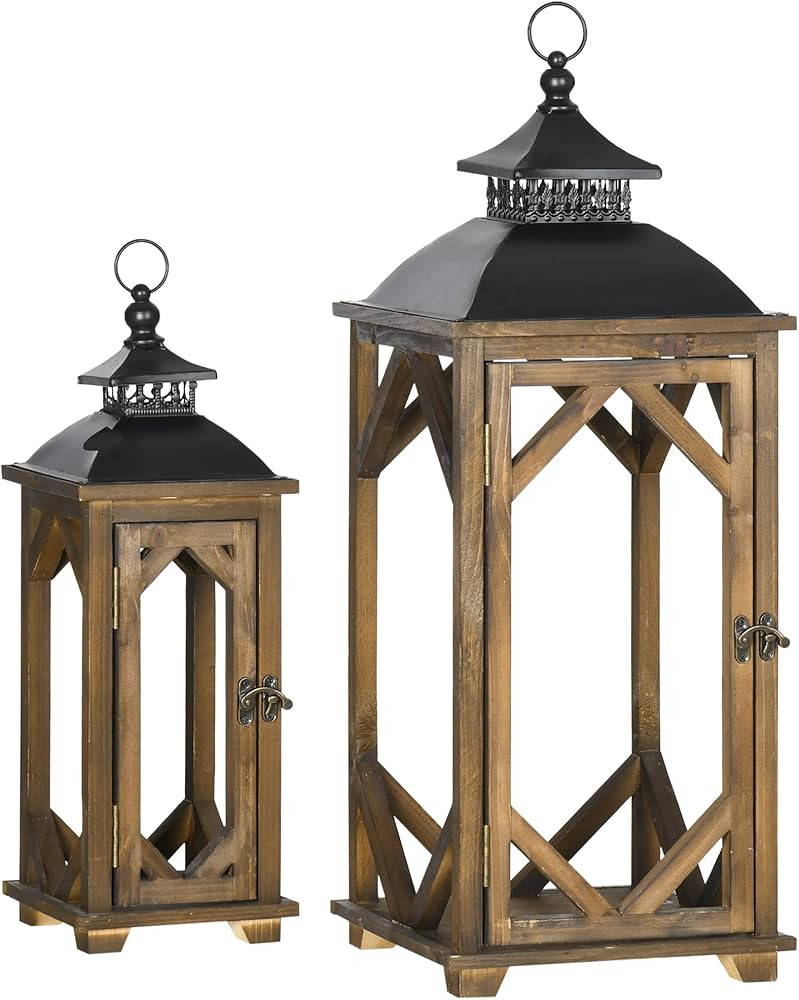HOMCOM 2 Pack 31"/21" Large Rustic Lantern Decorations, Hanging Wooden Metal Indoor Covered Outdo... | Amazon (US)