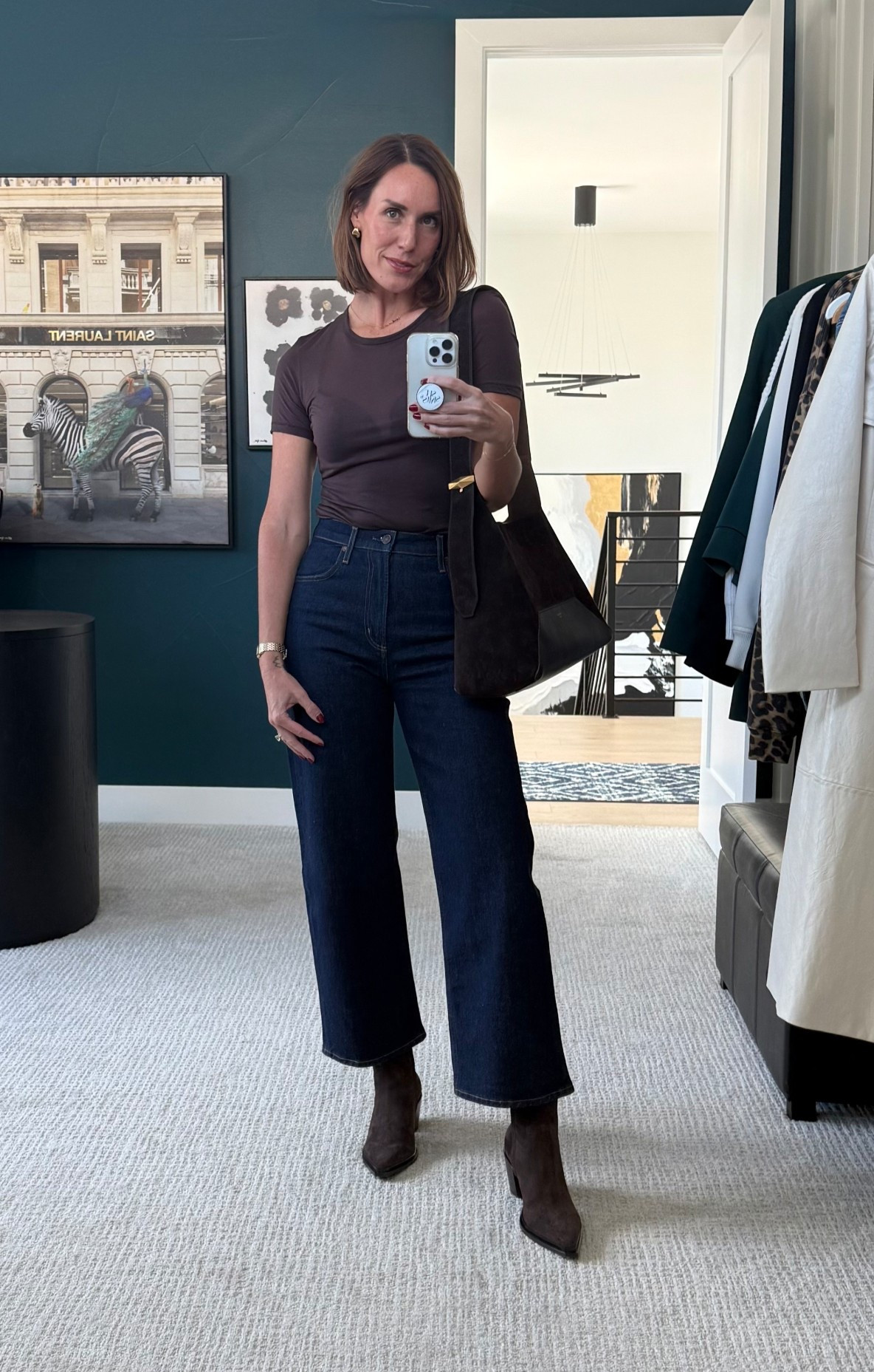 Leaning into the rich chocolate brown this season. Sheer tee tucked into some beautiful dark denim. Polished off with the gorgeous side shoulder bag purse and low-heel boots. Perfect for a warm, yet crisp, fall day. Fall style. Casual chic outfit. 
🍂🤎👖⚡️

#LTKSeasonal #LTKStyleTip