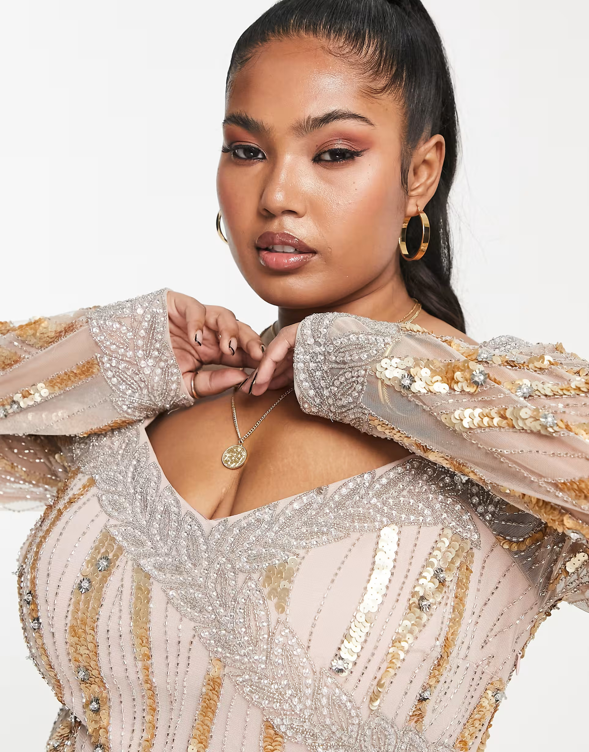 ASOS LUXE Curve embellished wrap mini dress in gold | ASOS (Global)