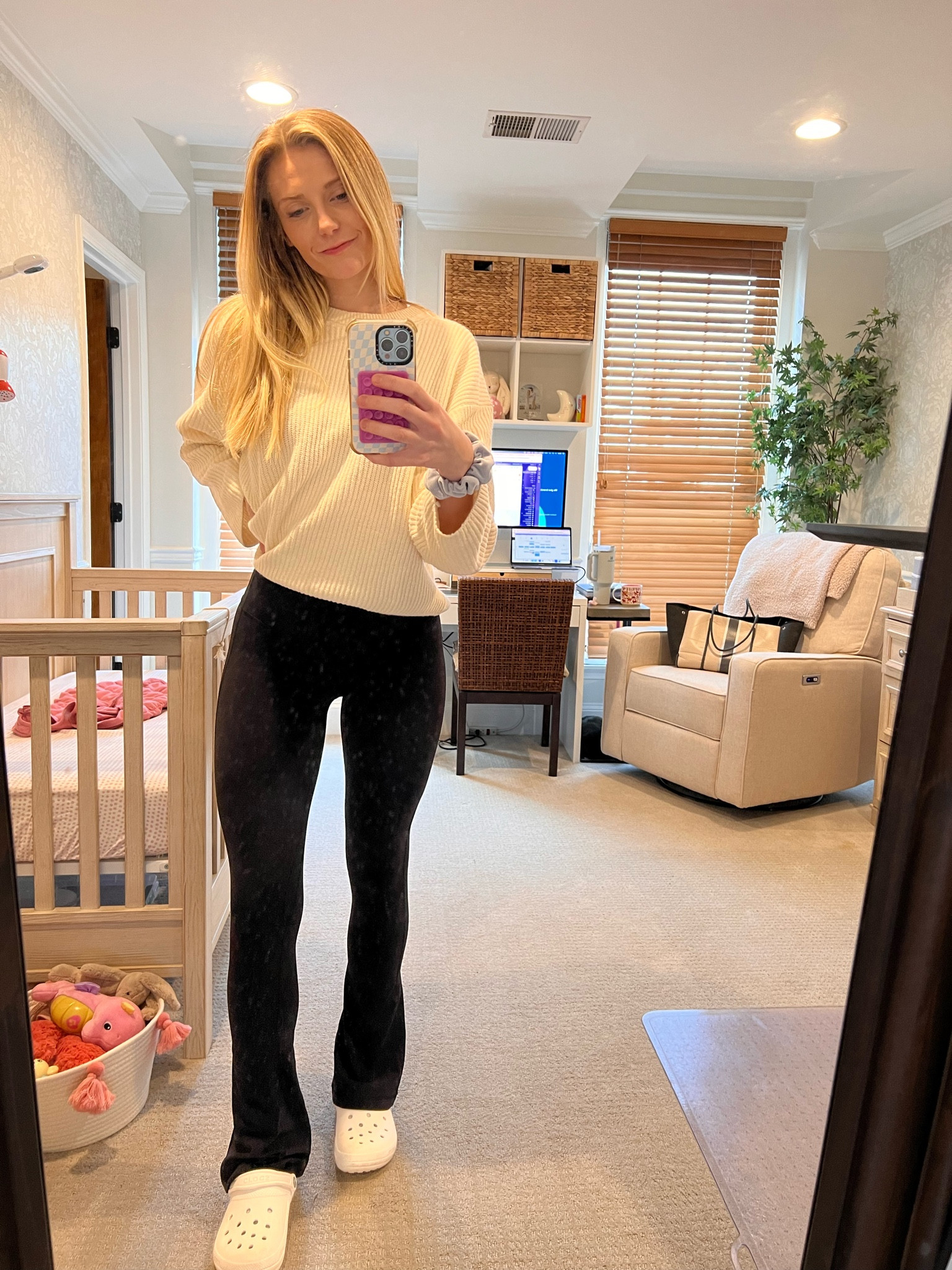 Casual cute outfit for working from home! Lululemon mini flare pants are AMAZING. I’m 5’8 for reference and they are the perfect length. Fur lined crocs are also a must for around the house! 

#LTKshoecrush #LTKworkwear #LTKfindsunder50