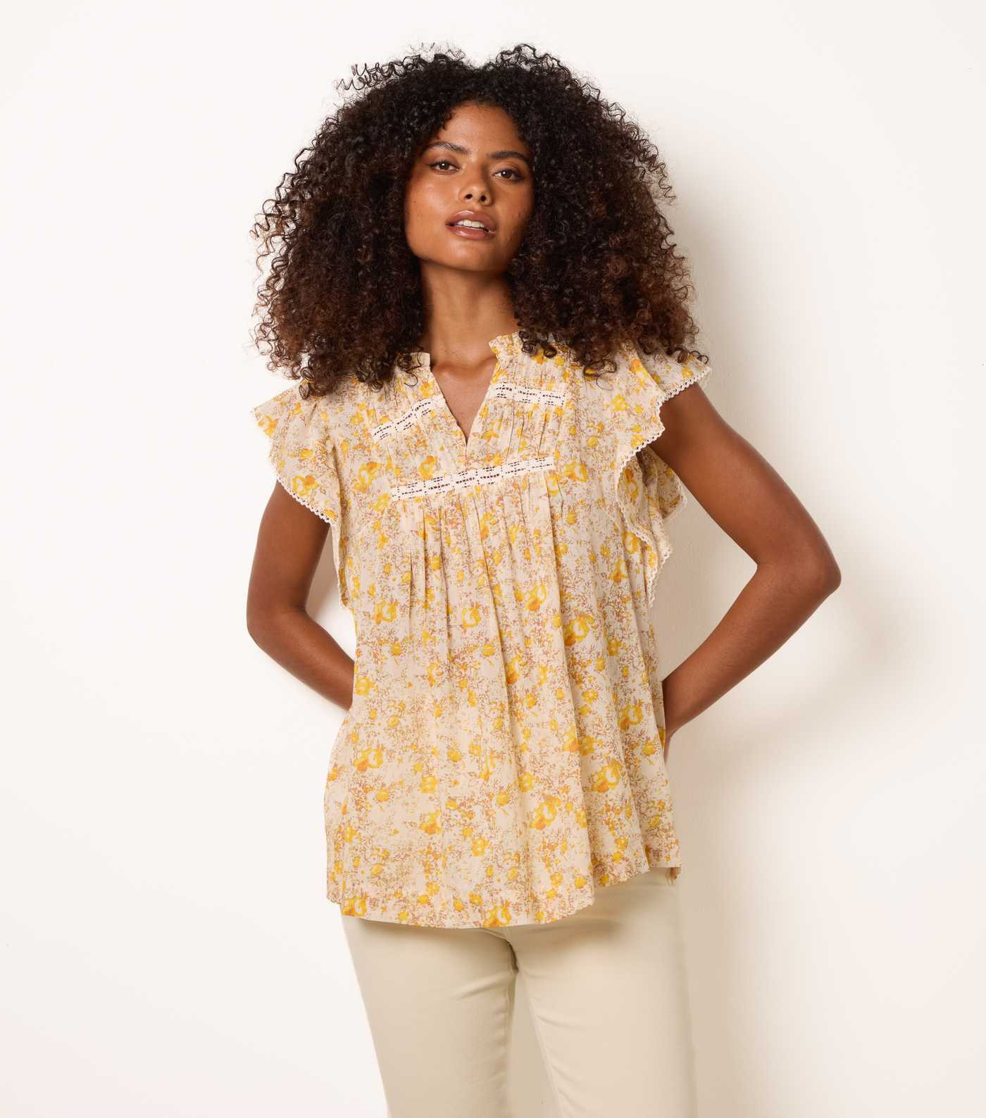 Blue Vanilla Yellow Cotton Floral Ruffle Sleeve Blouse | New Look | New Look (UK)