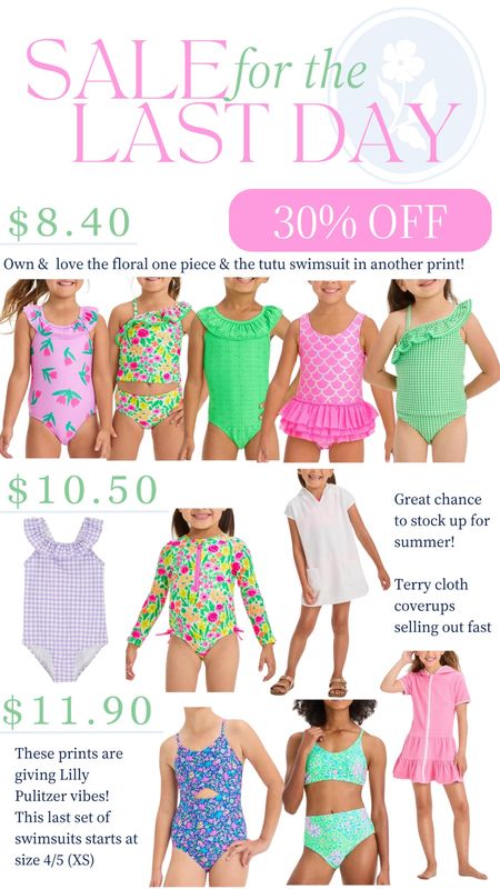 Girls swimsuits on sale for $8.40-$11.90!! Such a great chance to stock up on swimsuits for the year (or even next year). We own a few of these and they’re great. As you know, kids will snag swimsuits and get them dirty, so I love buying affordable swimwear. 

Sizing: I’ve found that the suits that we own from these brands fit TTS. However, I always size up in girls’ swimwear because of the tight fit & because I want them to last as long as possible. 

Target find, target style, target kids, kids swimsuit, sale alert, discount, target circle, girls swimsuit, one piece, coverup 

#LTKxTarget #LTKkids #LTKsalealert