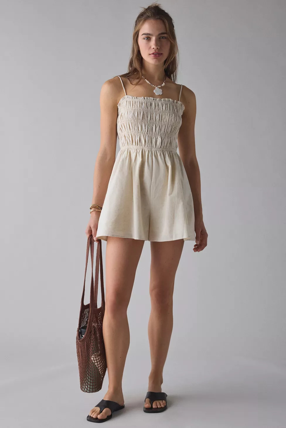 Glamorous Cotton-Linen Blend Ruffle Trim Smocked Romper | Urban Outfitters (US and RoW)
