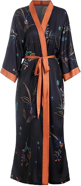 Aensso long silky kimono robes for women, lightweight & soft floral bridal robe | Amazon (US)
