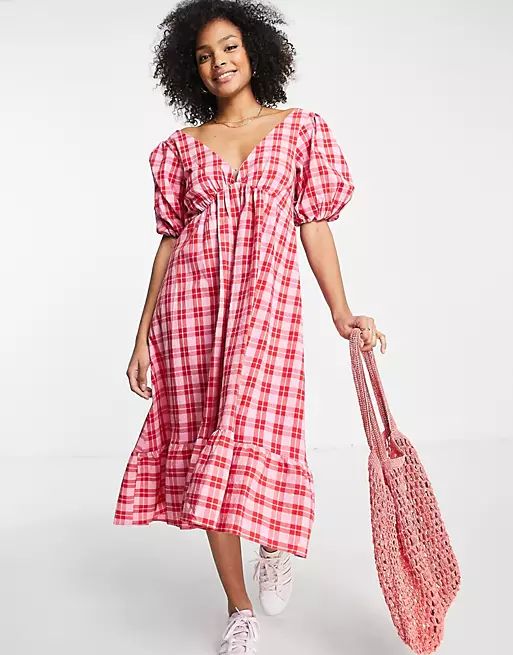 Nobodys child Ammie checked midi dress in pink | ASOS (Global)
