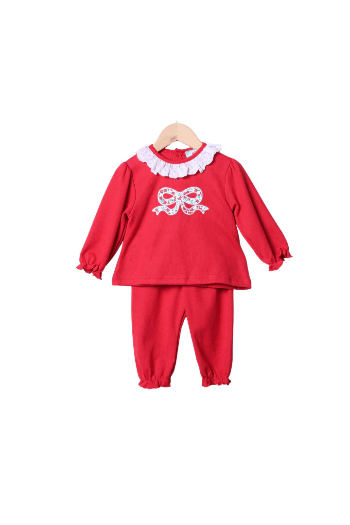 Applique Christmas Floral Bow Red Cardigan Pant Set | The Smocked Flamingo